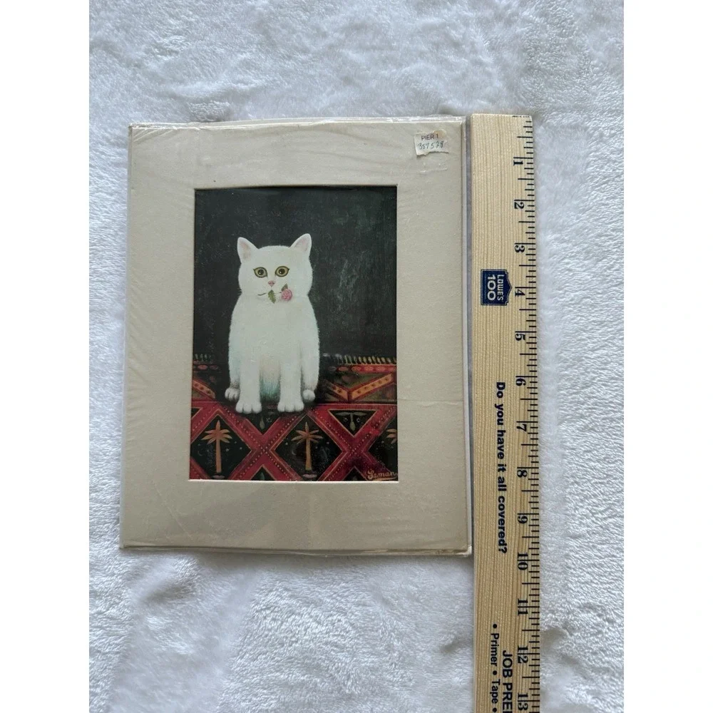 Vintage Folk Art Tile Trivet MCM Decor Martin Leman‎ White Cat Rosebud Unopened